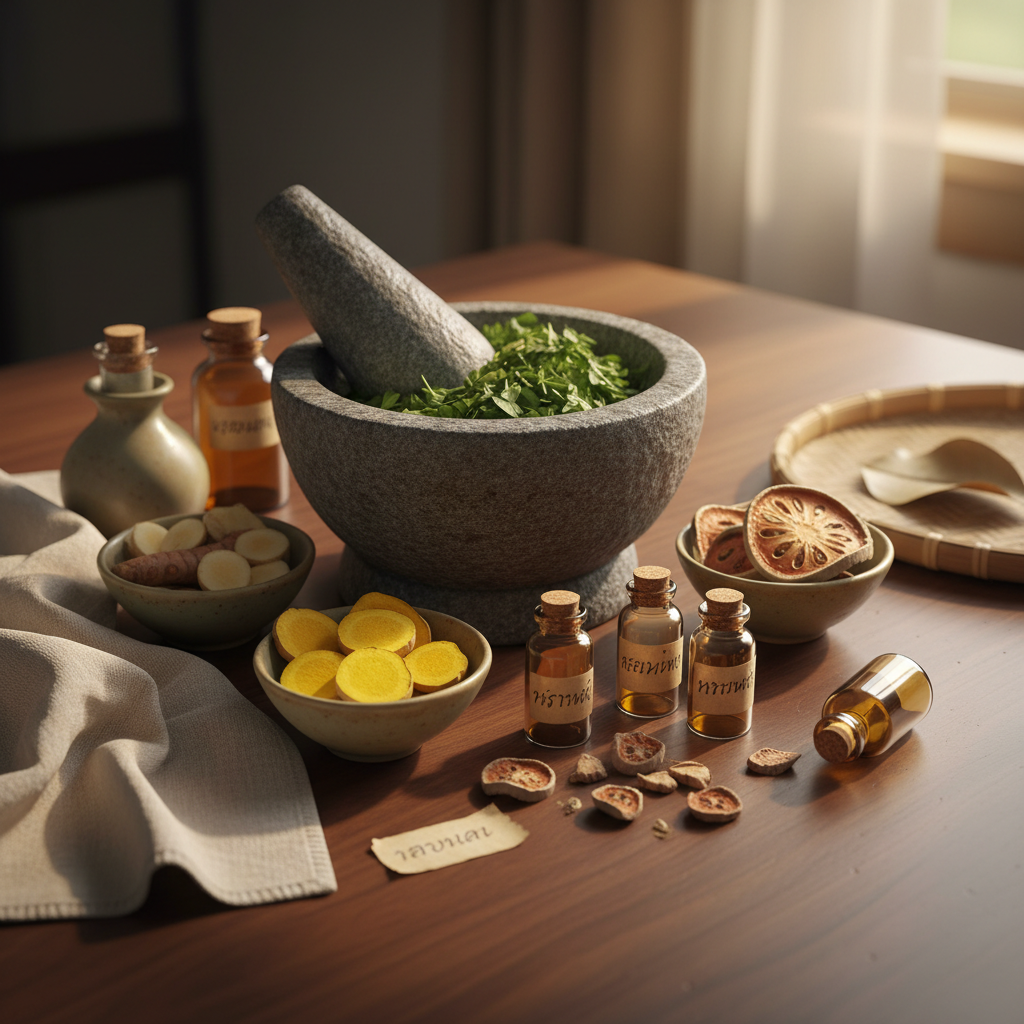A carefully curated still life of longevity-focused Thai herbal remedies arranged on a smooth, dark wooden table. At the center, a large stone mortar and pestle holds freshly crushed green leaves, their texture moist and vibrant. Around it are small ceramic bowls filled with sliced turmeric, galangal, dried bael fruit, and tiny amber glass bottles with handwritten labels. A folded linen cloth and a simple bamboo tray add organic texture. Soft side lighting from the right mimics late afternoon sun, casting gentle, elongated shadows and highlighting the natural colors of the herbs. The photographic realism composition is captured from a slightly elevated angle with a shallow depth of field, keeping the central mortar in crisp focus while the surrounding elements blur softly, creating a calm, earthy, and knowledgeable atmosphere.