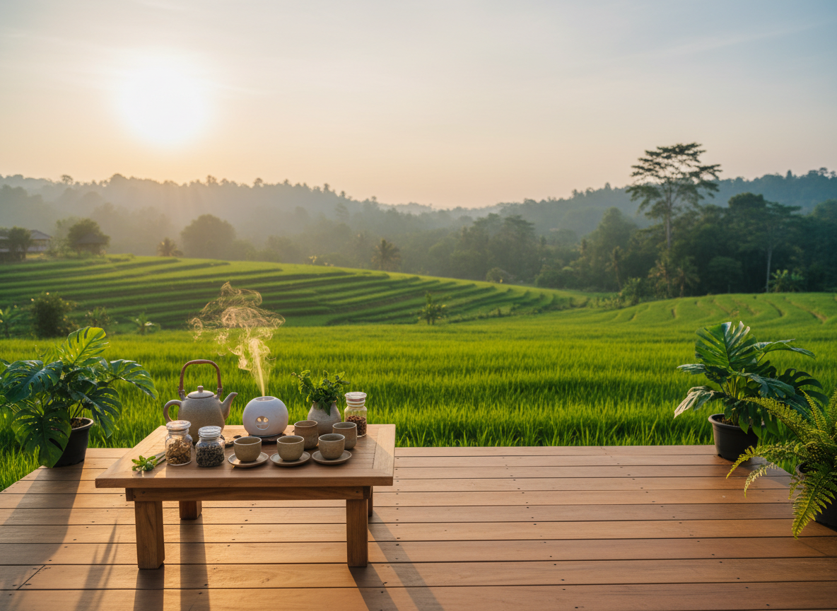 A serene outdoor wooden deck overlooking lush green rice fields and distant tree-covered hills, designed as a holistic retreat space. In the foreground, a low natural teak table holds neatly arranged herbal tea pots, ceramic cups, and a small clay diffuser releasing a gentle curl of steam. Soft early morning sunlight creates a golden, photographic realism glow, illuminating dewdrops on nearby tropical plants and casting long, gentle shadows across the deck’s smooth planks. The atmosphere is tranquil and restorative, suggesting deep rest and longevity. Captured at eye level with a subtle wide-angle lens, the composition follows the rule of thirds, keeping the table in crisp focus while the vibrant landscape falls into a soft, calming bokeh.