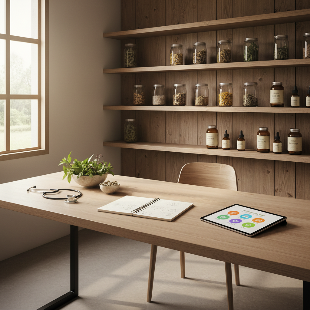 A minimalist lifestyle medicine consultation space inside a rustic-modern farmhouse, designed without people yet radiating care. A wide, light-wood desk holds neatly arranged items: a stethoscope resting beside an open notebook, a ceramic bowl of fresh Thai herbs, and a sleek digital tablet displaying a colorful longevity-focused lifestyle plan. Behind, open shelves show glass jars of dried medicinal plants and neatly labeled natural supplements. Gentle natural light from a large window to the left creates soft highlights on the desk surface and subtle shadows on the shelving. Shot in photographic realism at eye level with sharp focus throughout, the composition feels clean, professional, and trustworthy, while warm neutral tones and green accents maintain a sense of calm and holistic balance.