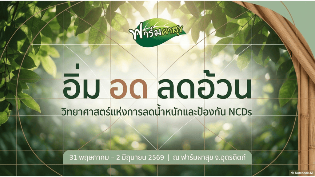 The image appears to be a slide from a presentation, featuring Thai text and a green leaf logo at the top. The background ...